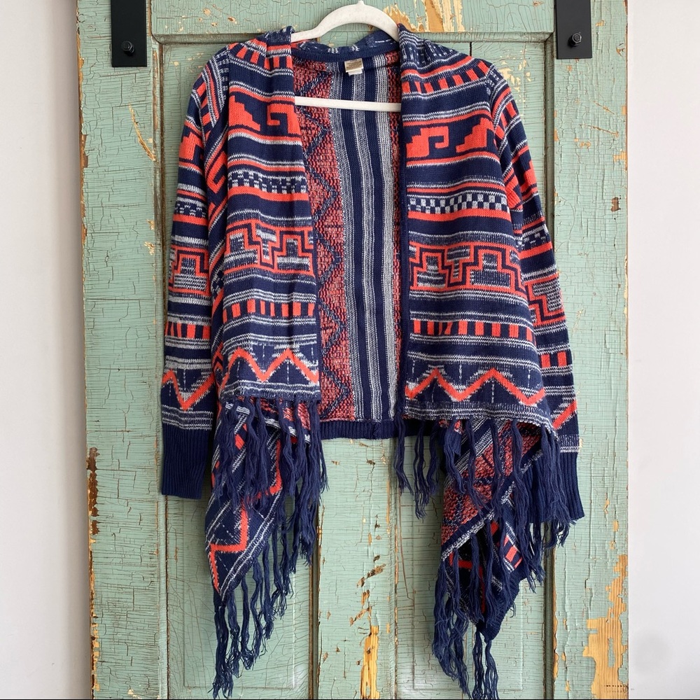 Belle Du Jour Aztec Print Fringe Knit Cardigan